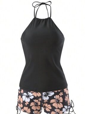 Black Halter Tankini Top with Floral Boardshorts - Women Swim Bikini